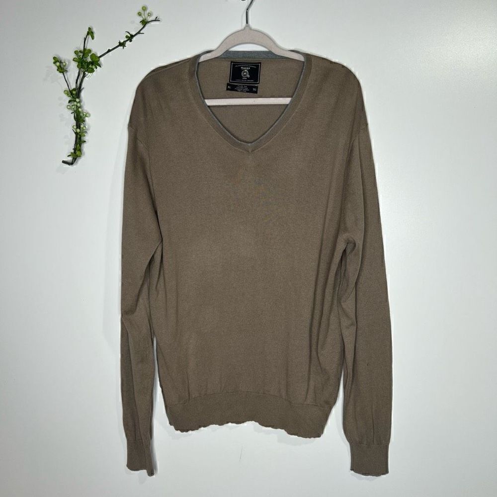 Maker & Company Silk Cashmere Blend Tan Taupe V-Neck Sweater Mens